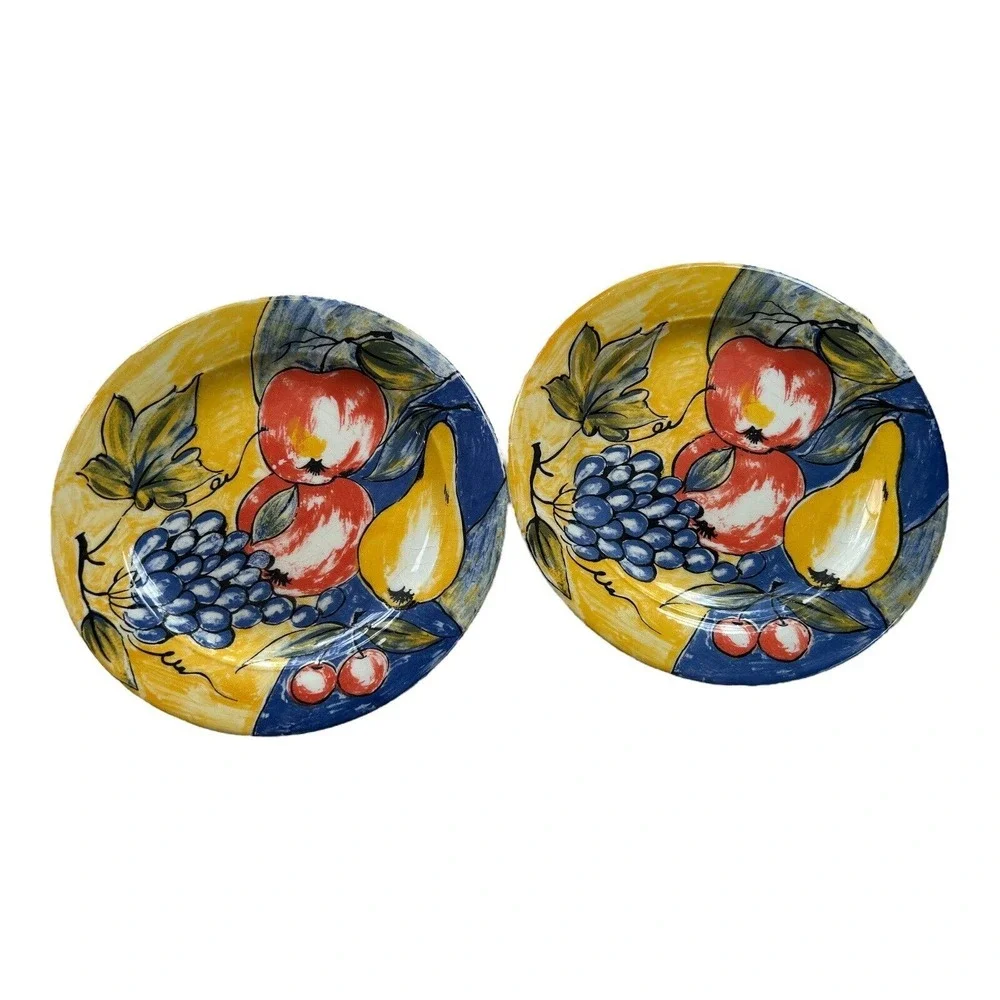 Pier 1 Italian Set Of 2 Plates ABSTRACT Fruit Round 8.25